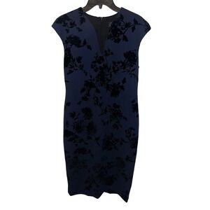 Connected Apparel Navy Blue Floral Burnout Velvet V-Neck Sheath Dress Womens 12
